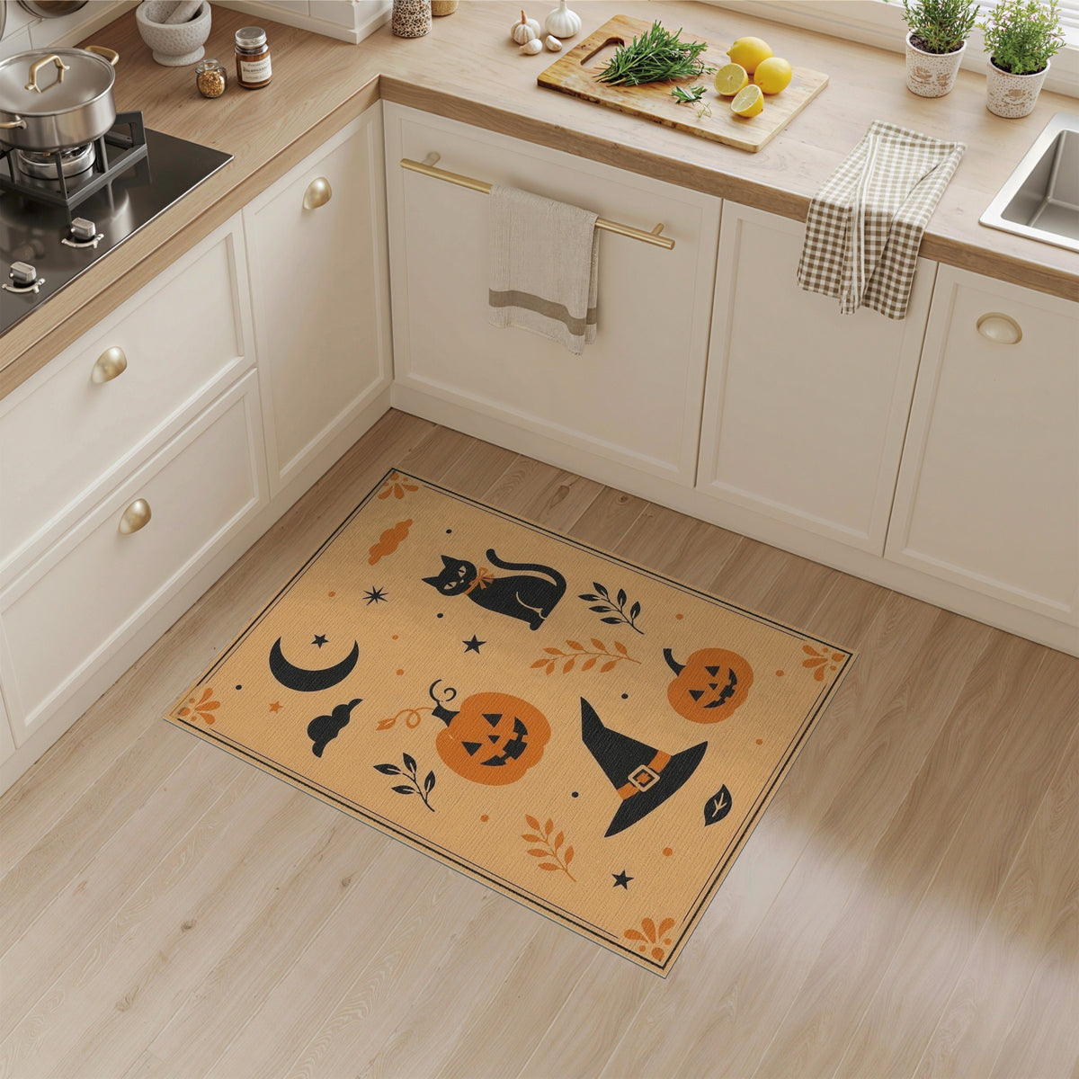 Kids Cartoon Halloween Pumpkin Cat Area Rug
