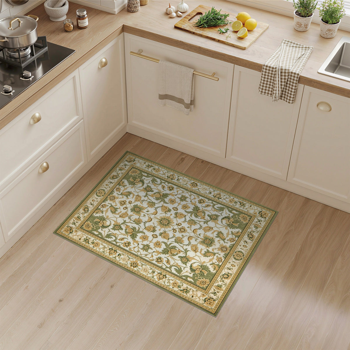Green Floral Vintage Area Rug
