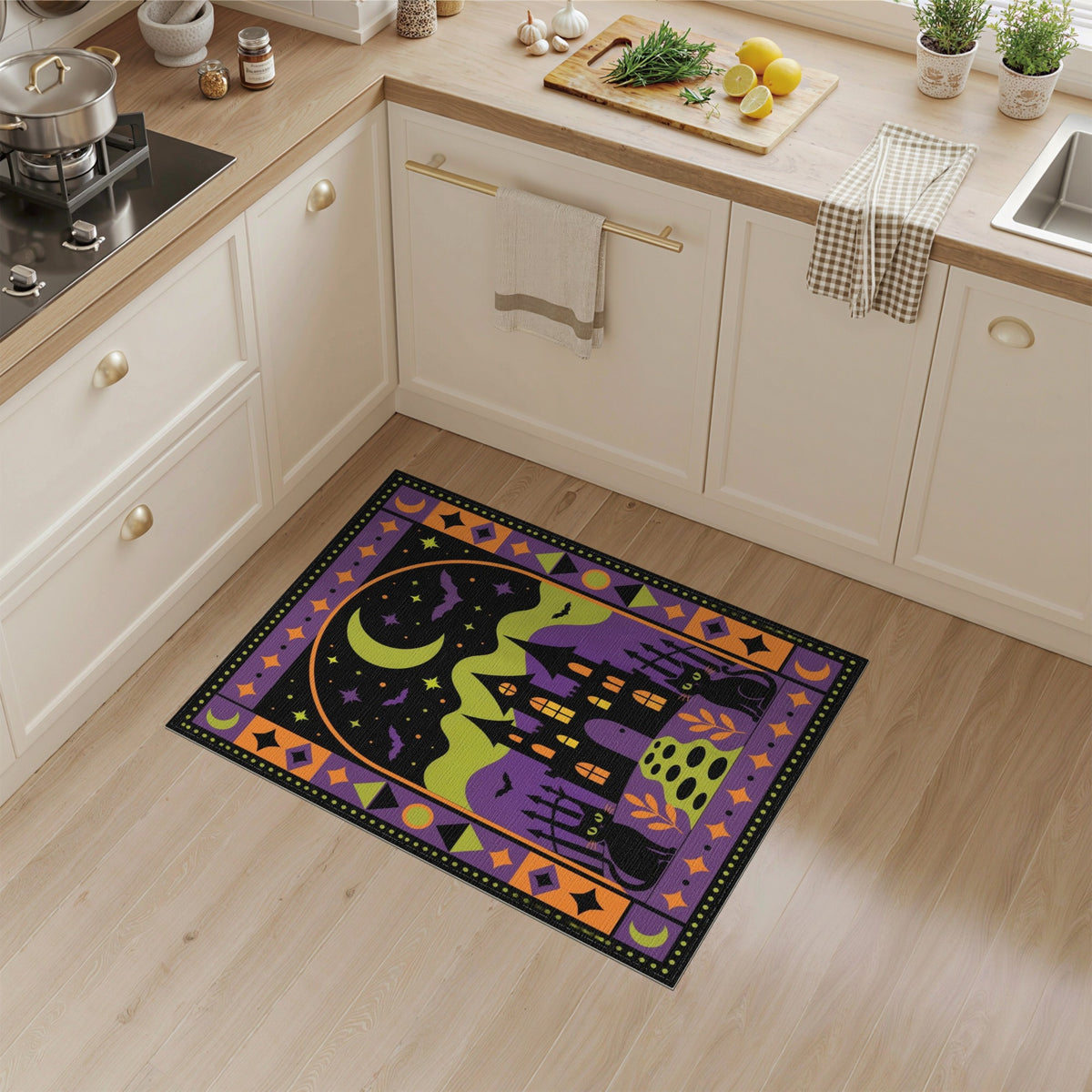 Spooky Halloween Castle Black Cats Area Rug