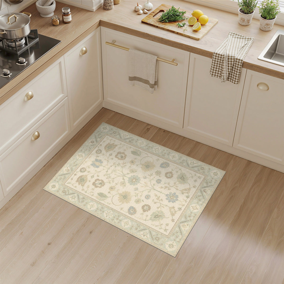 Blue Teal Floral Vintage Area Rug