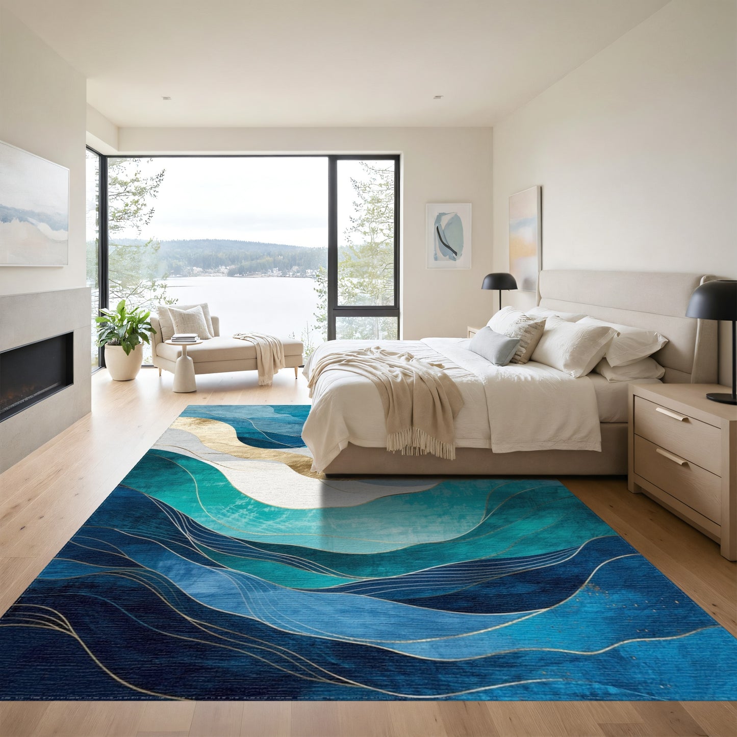 Navy Teal Gold Abstract Waves Rug