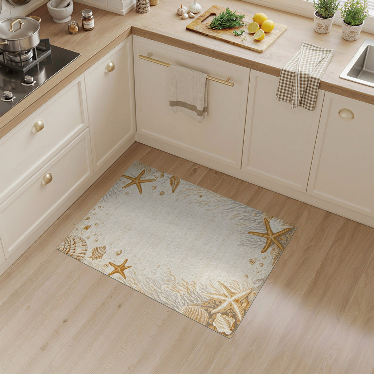Beige and Neutral Beige Coastal Seashell Starfish Area Rug