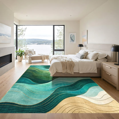 Emerald Teal Wavy Gold Rug