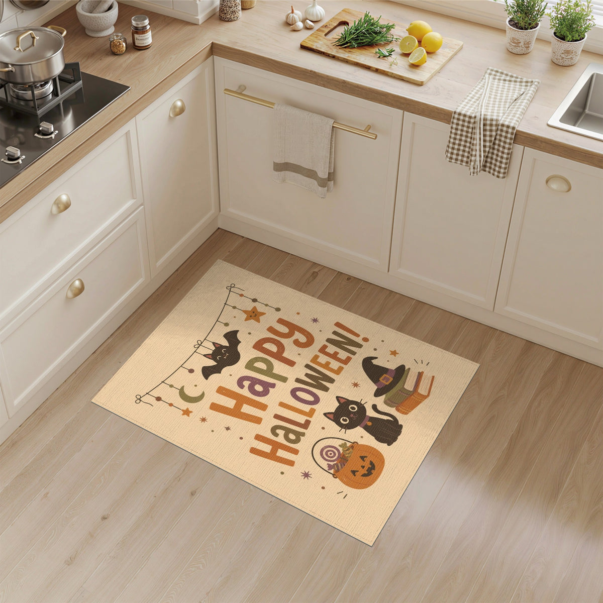 Multi-color and Patterns Happy Halloween Black Cat Kids Area Rug