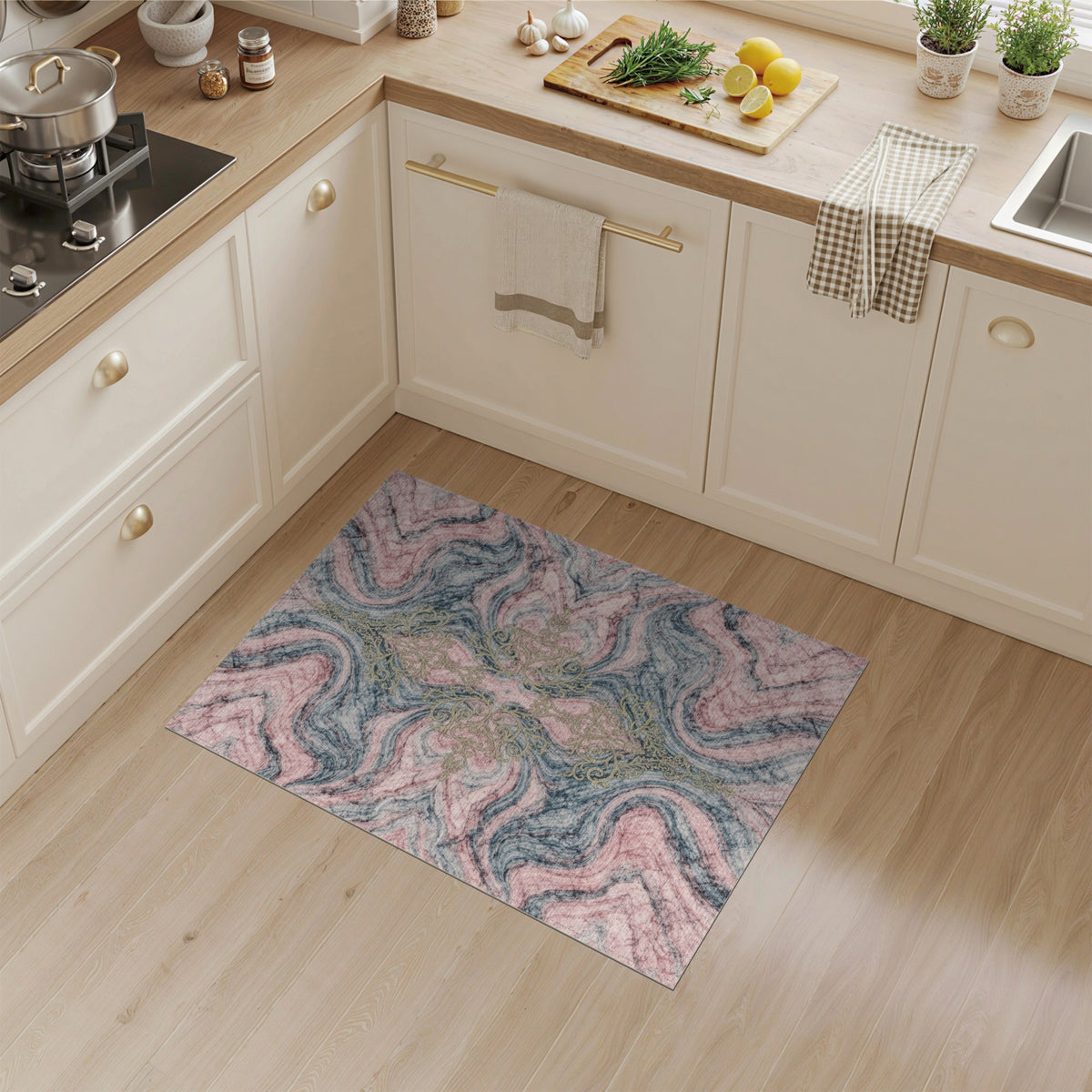 Pink Marble Gold Filigree Area Rug