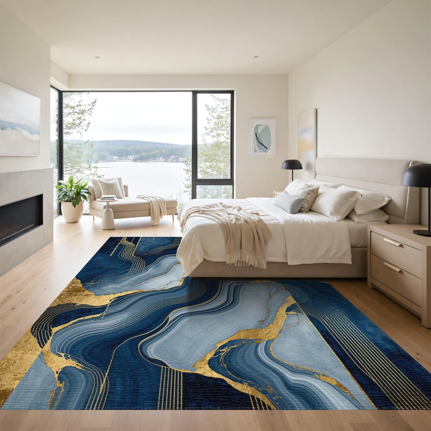 Navy Gold Fluid Wave Rug