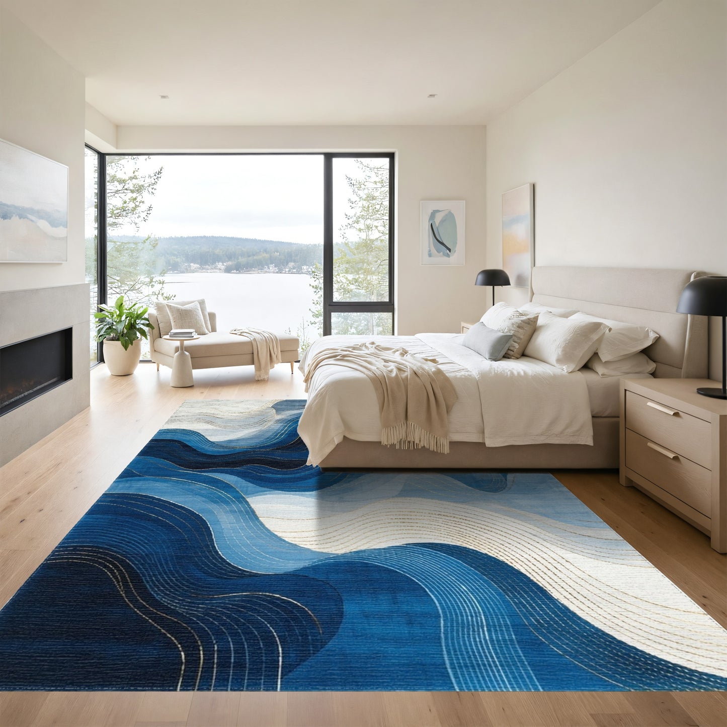 Layered Navy Waves Gold Rug