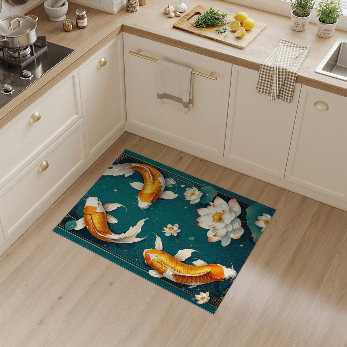 Floral Vintage Teal Koi Lotus Washable Area Rug