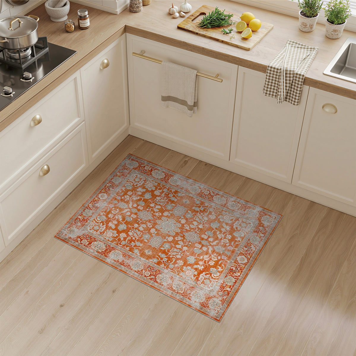 Orange Floral Vintage Area Rug