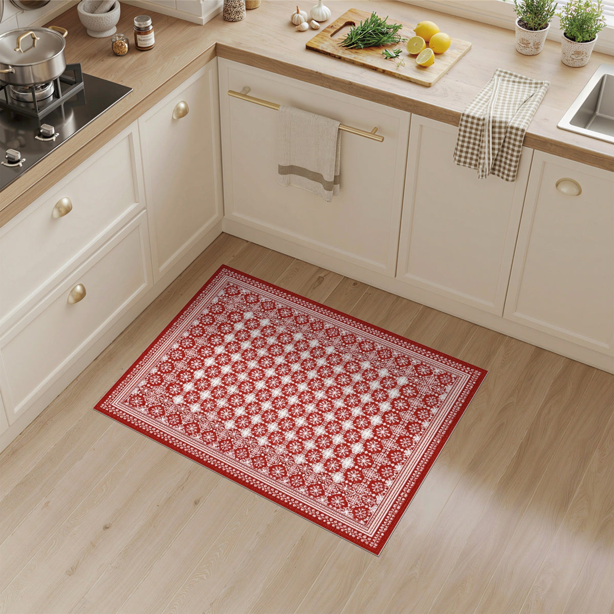Red Snowflake Geometric Area Rug