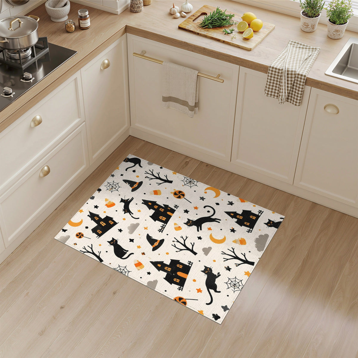 Multi-color and Patterns Spooky Black Cat Halloween Area Rug