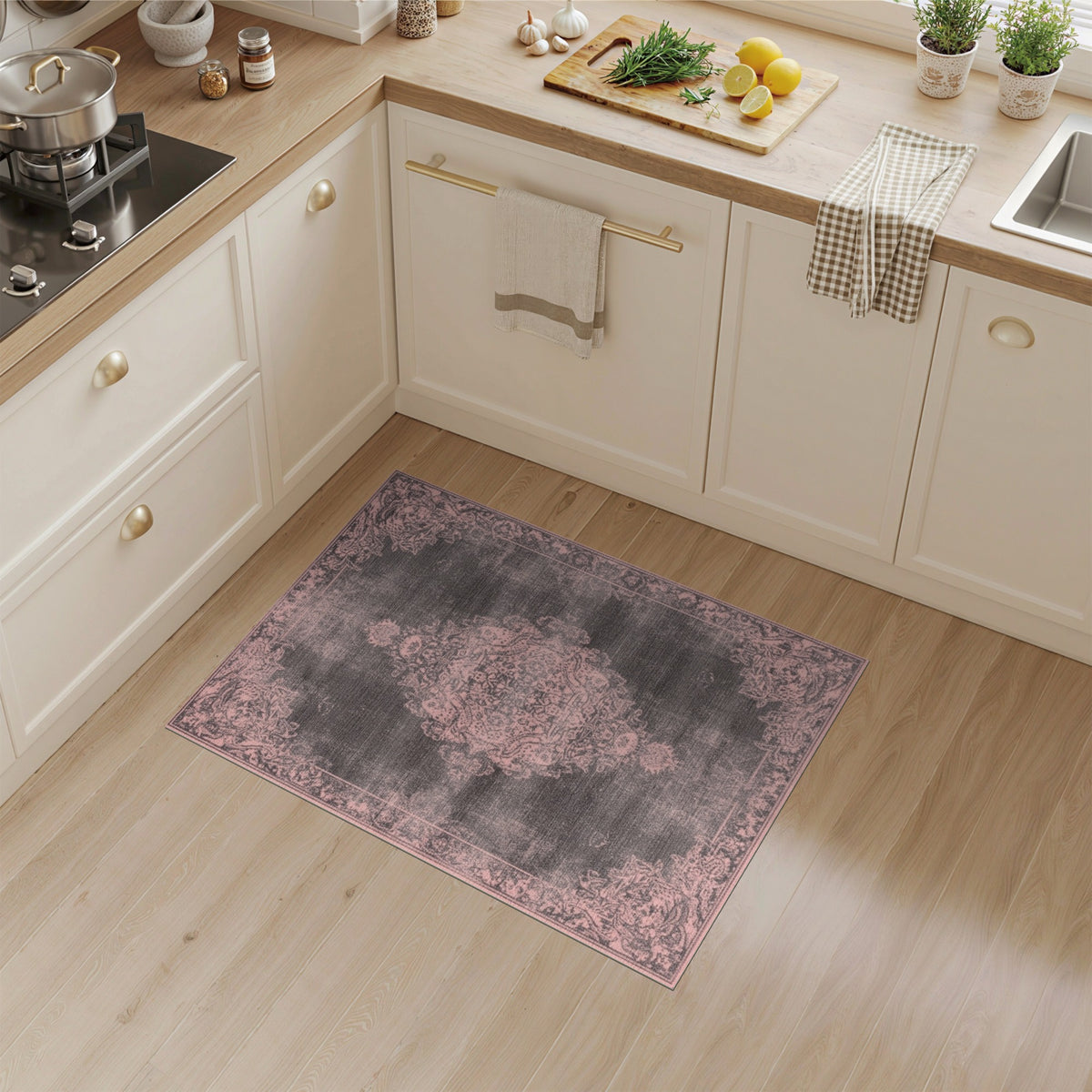 Pink Distressed Vintage Medallion Area Rug