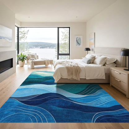 Layered Teal Blue Waves Rug