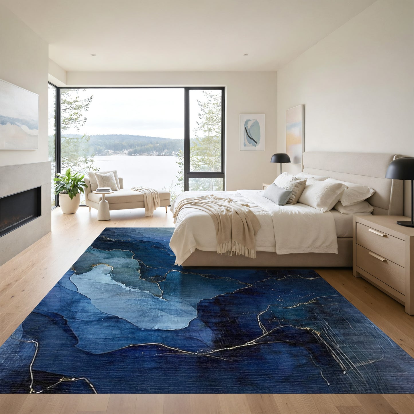 Navy Blue Layered Peaks Gold Rug
