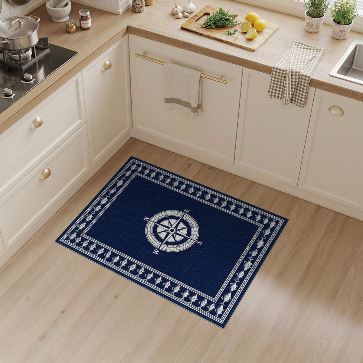 Navy Compass Fish Coastal Area Rug