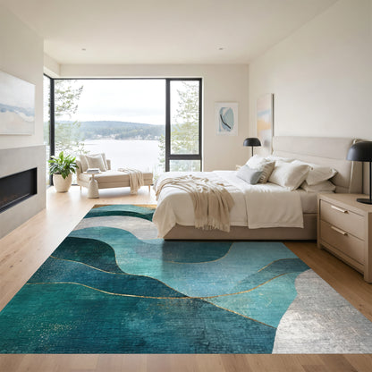Teal Gold Fluid Wave Rug