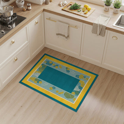 Blue and Teal Geometric Area Rug with Yellow Border