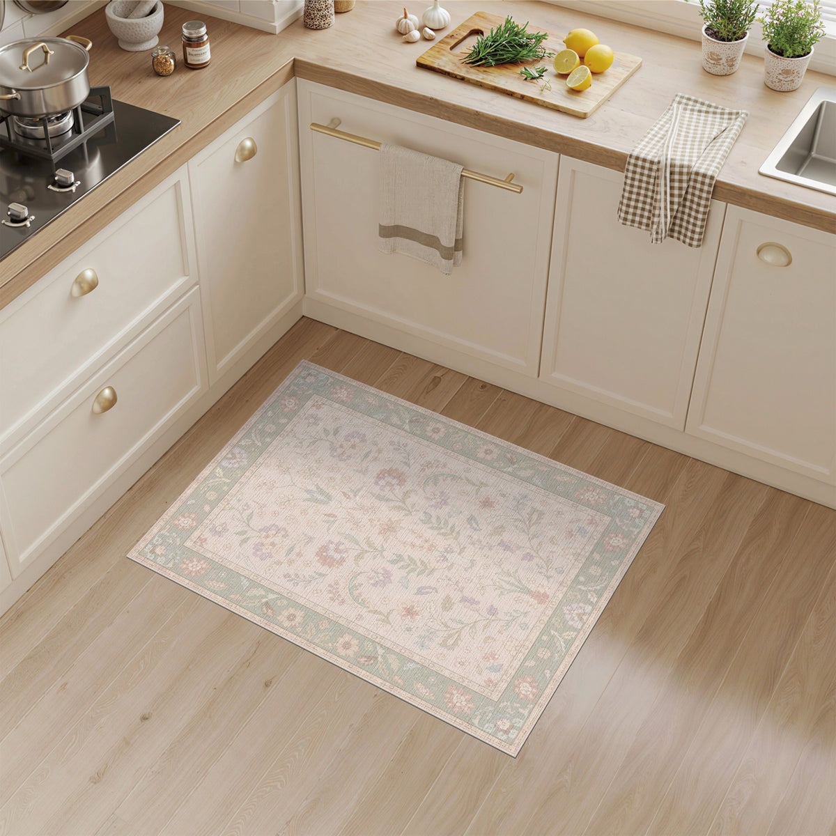 Beige Floral Vintage Area Rug with Sage Border