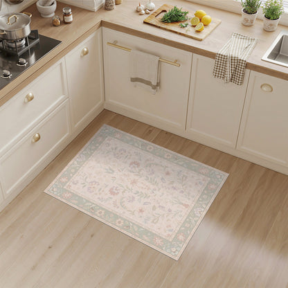 Beige Floral Vintage Area Rug with Sage Border