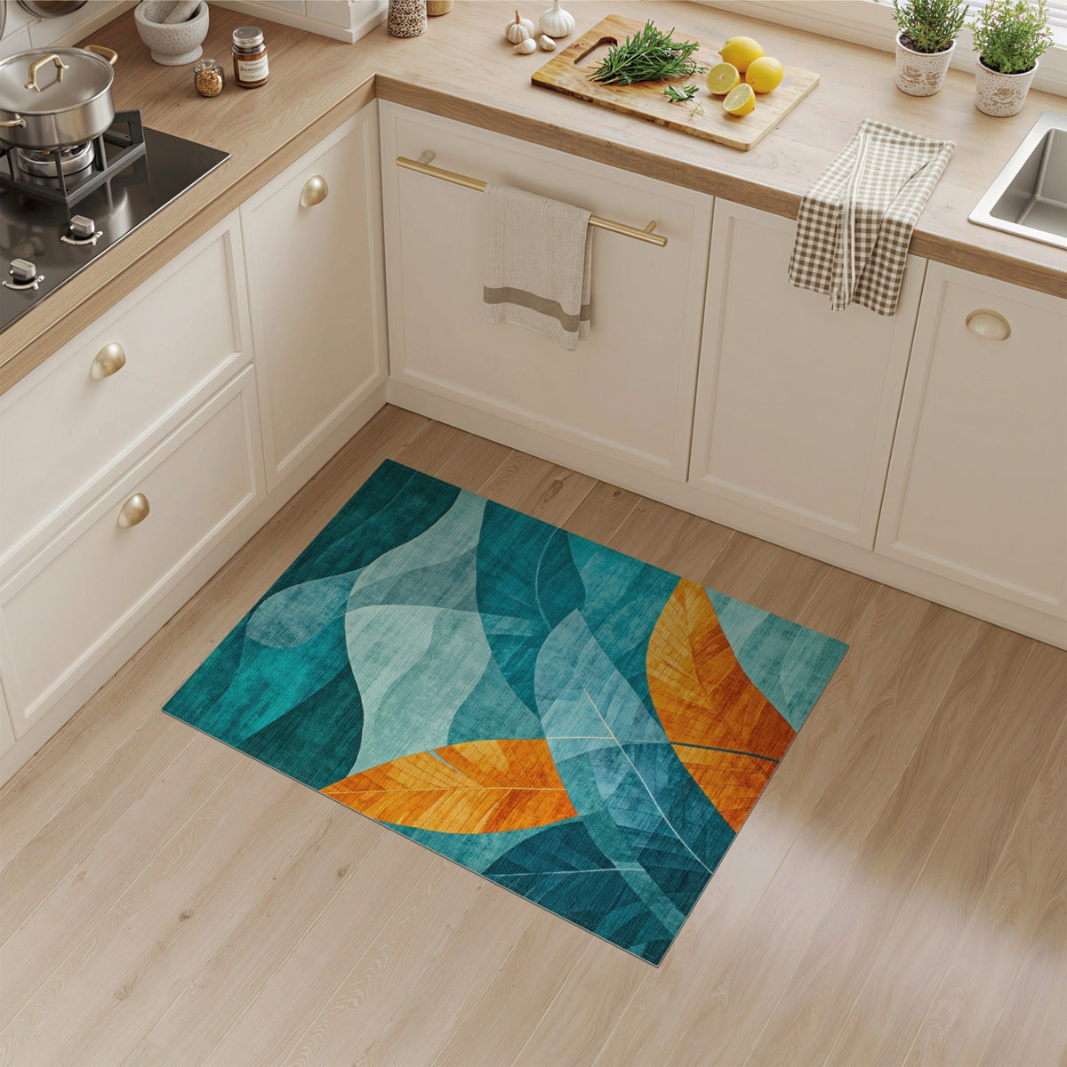 Teal Blue Abstract Leaf Area Rug