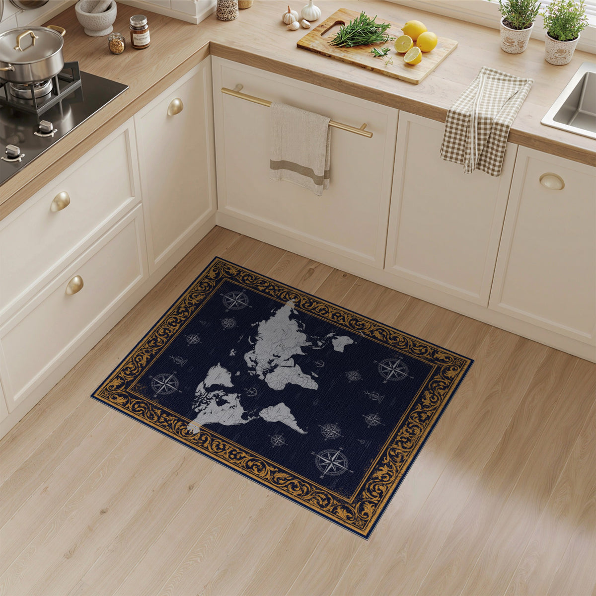 Navy Vintage World Map Rug with Gold Border