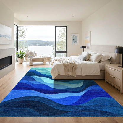 Teal Blue Layered Wave Rug