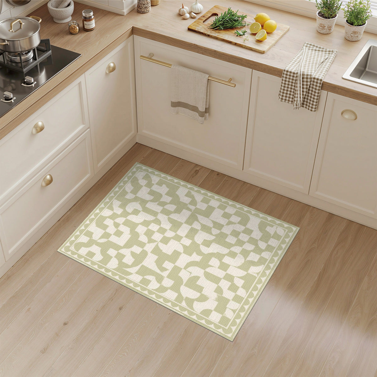 Sage Green Geometric Scalloped Area Rug