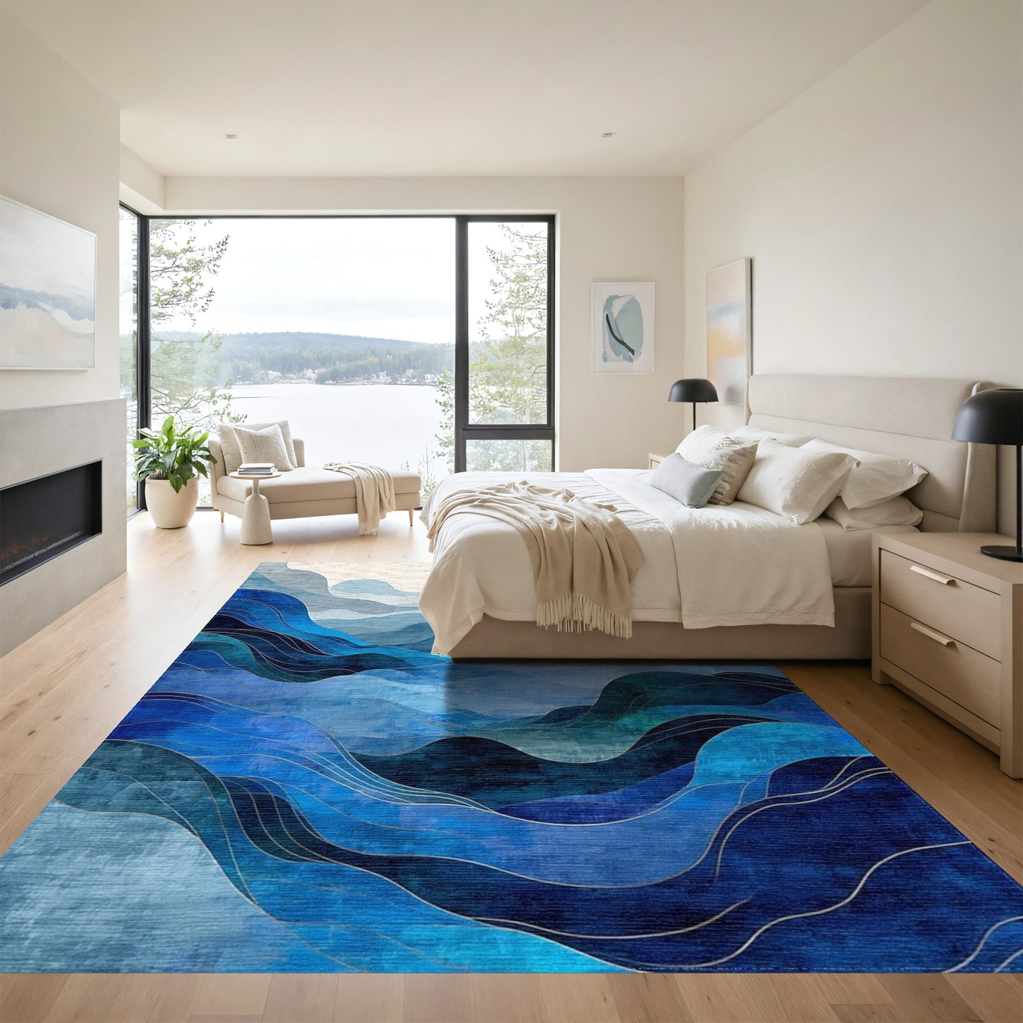 Abstract Layered Blue Waves Rug