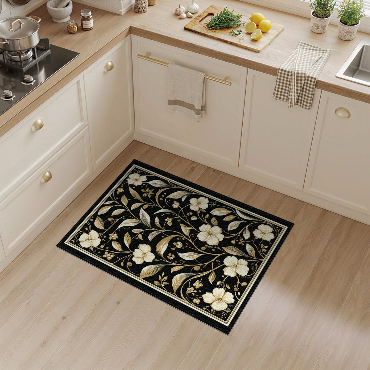 Black Floral Vintage Floral Vintage Area Rug