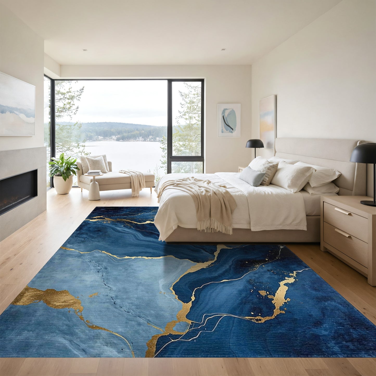 Navy Blue Gold Vein Swirl Rug