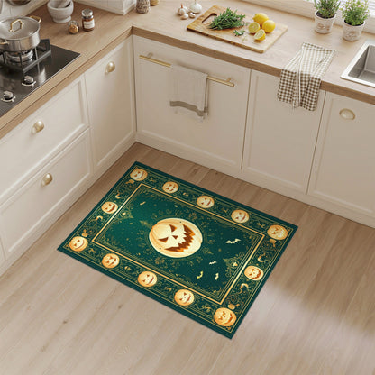 Green Halloween Pumpkin Area Rug with Gold Border