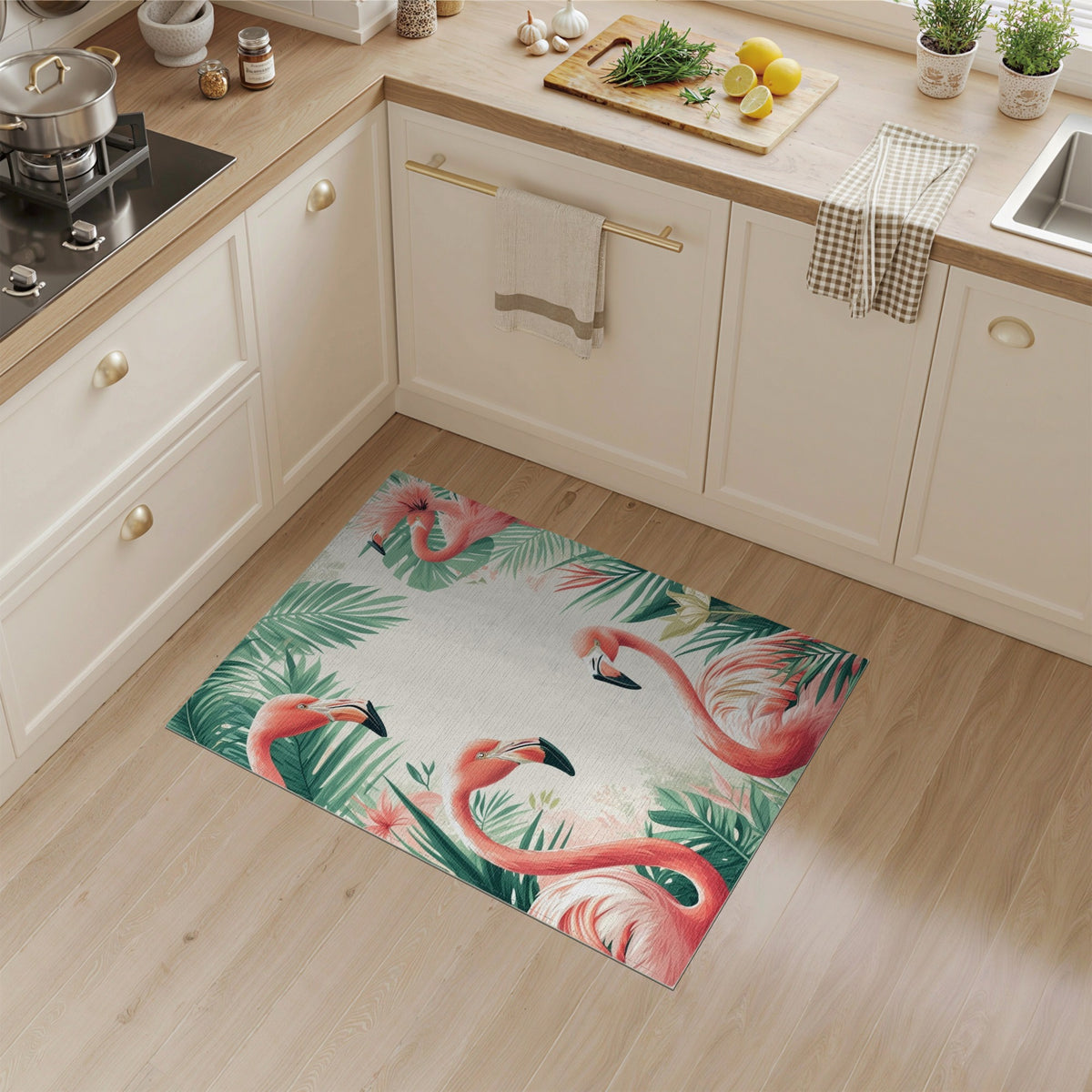 Flamingo Coastal Beach Pink Flamingo Palm Leaf Area Rug