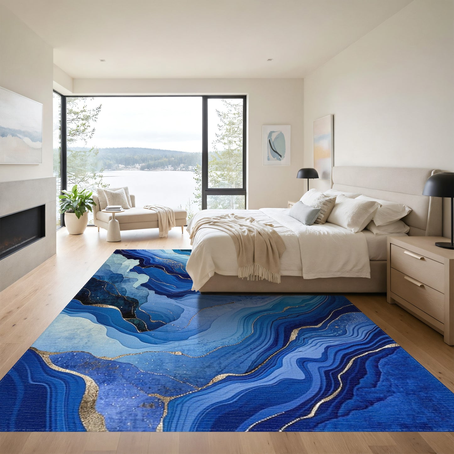 Teal Navy Gold Fluid Wave Rug