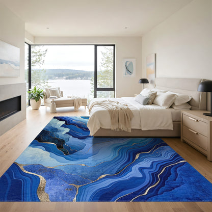 Teal Navy Gold Fluid Wave Rug