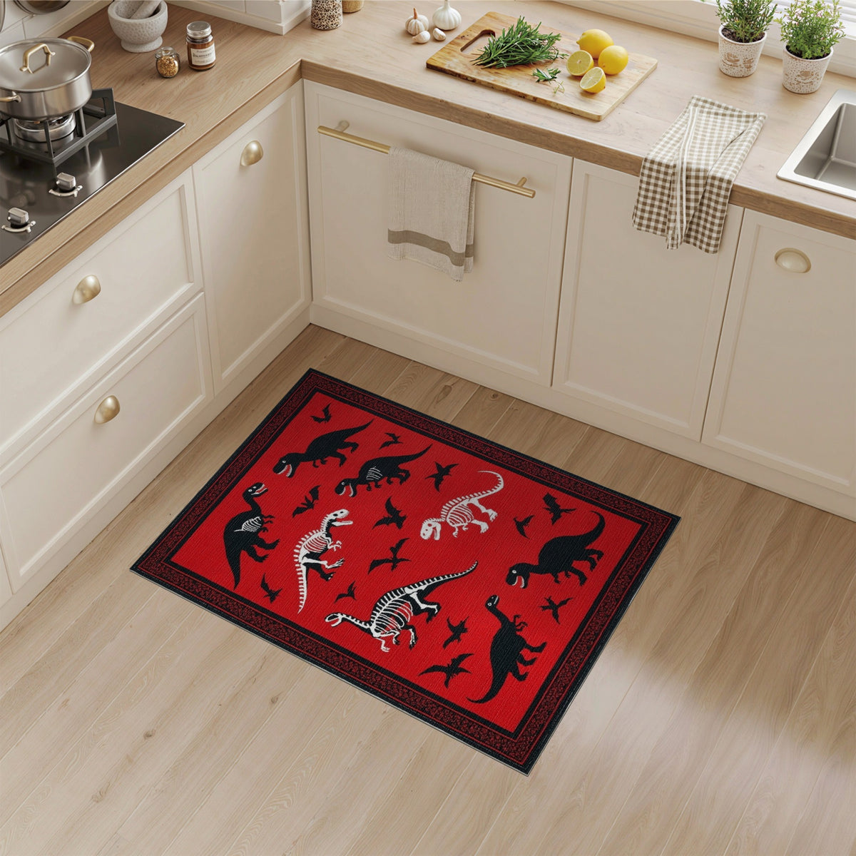 Red Dinosaur Skeleton Kids Area Rug