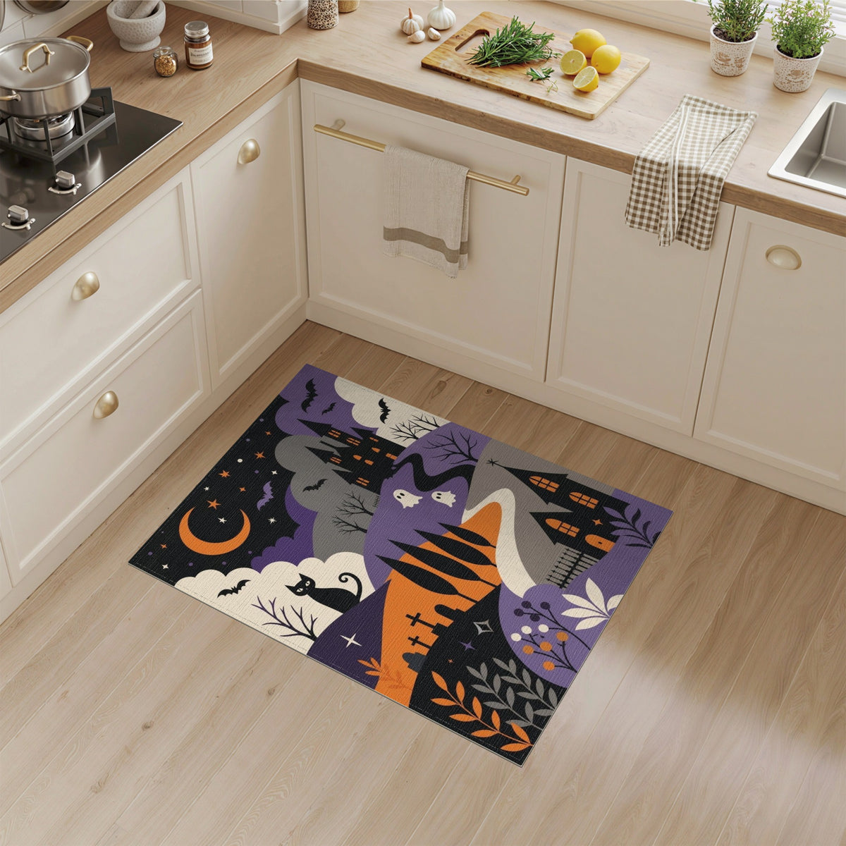 Spooky Halloween Castle Purple Kids Area Rug