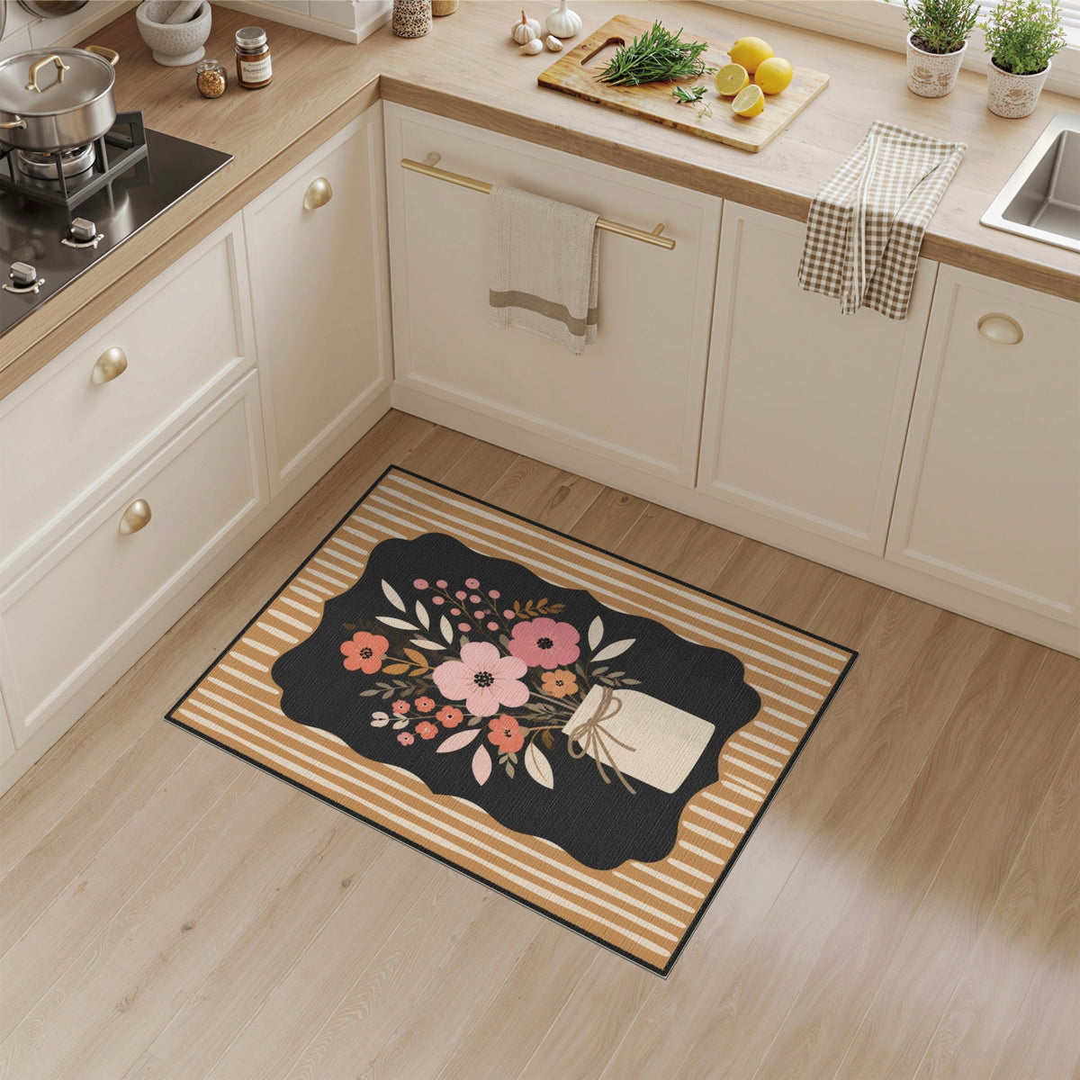 Brown Tan Floral Vase Area Rug