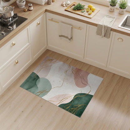 Abstract Green Gold Line Washable Rug
