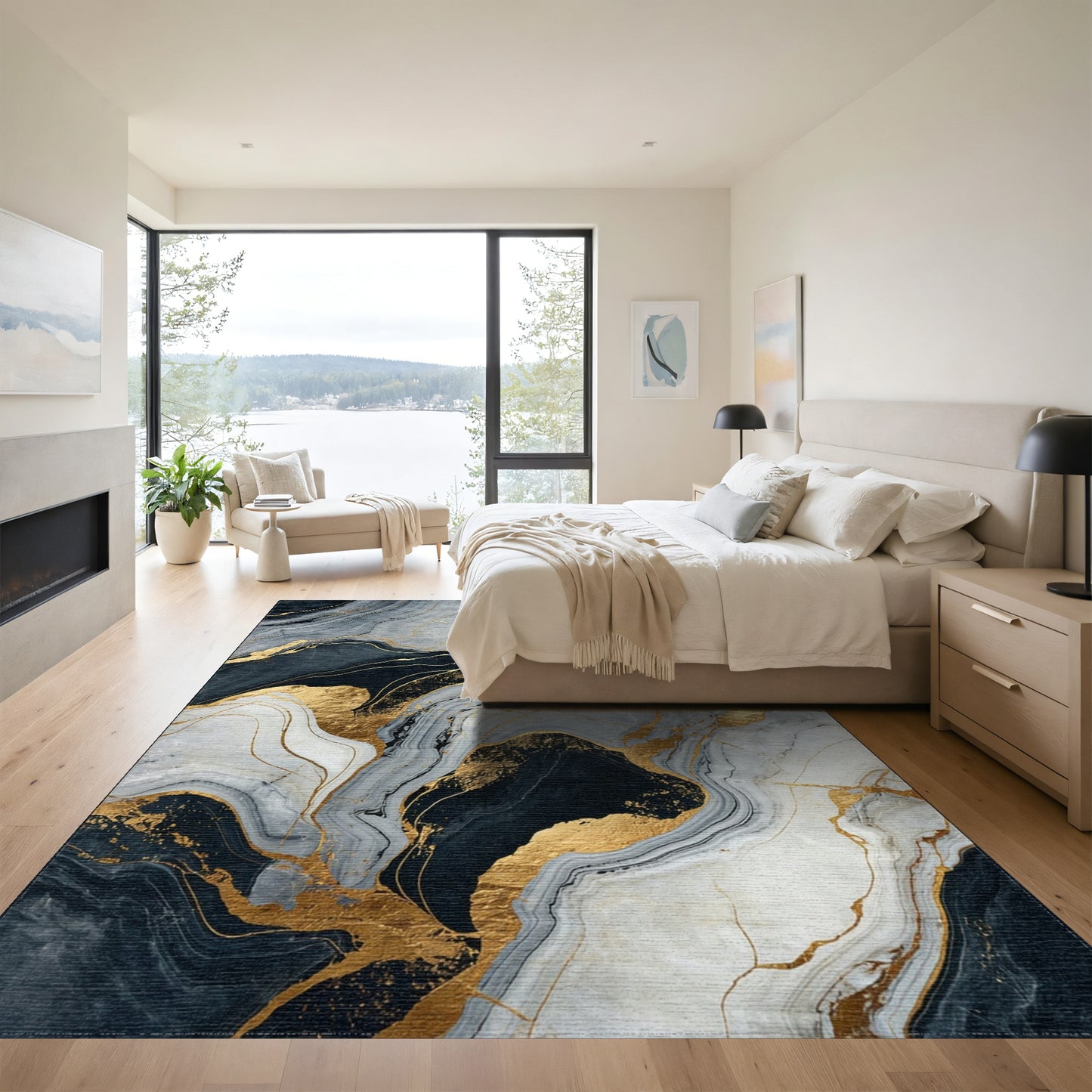 Navy Gray Gold Veined Marble Rug