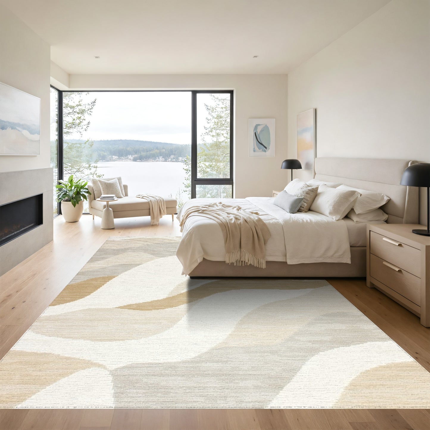 Beige Gray Abstract Wave Rug