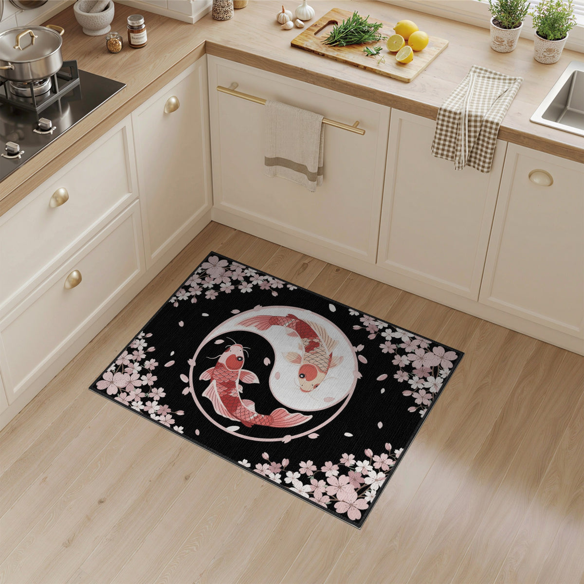 Pink Koi Yin-Yang Cherry Blossom Area Rug