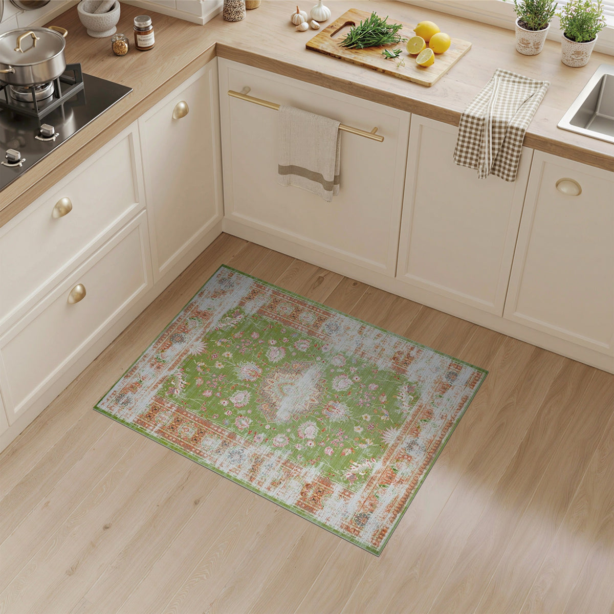 Green Floral Distressed Vintage Area Rug