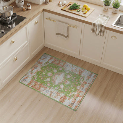 Green Floral Distressed Vintage Area Rug