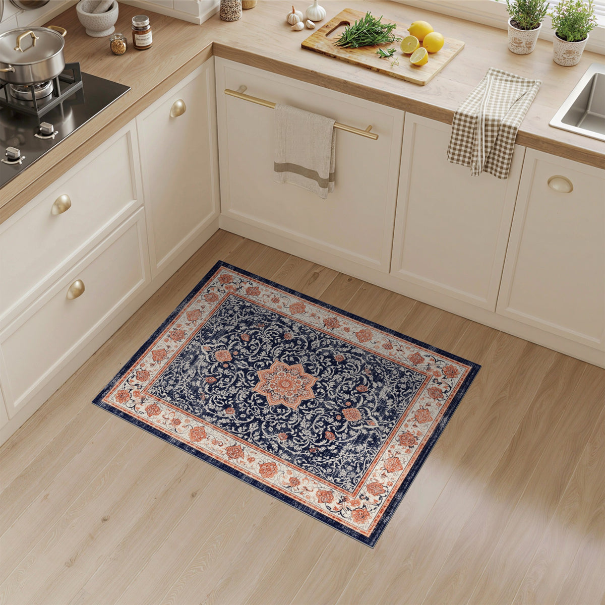Navy Floral Medallion Vintage Area Rug