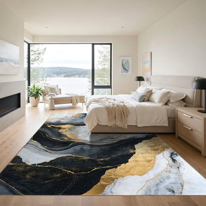 Black White Gold Swirling Veins Rug