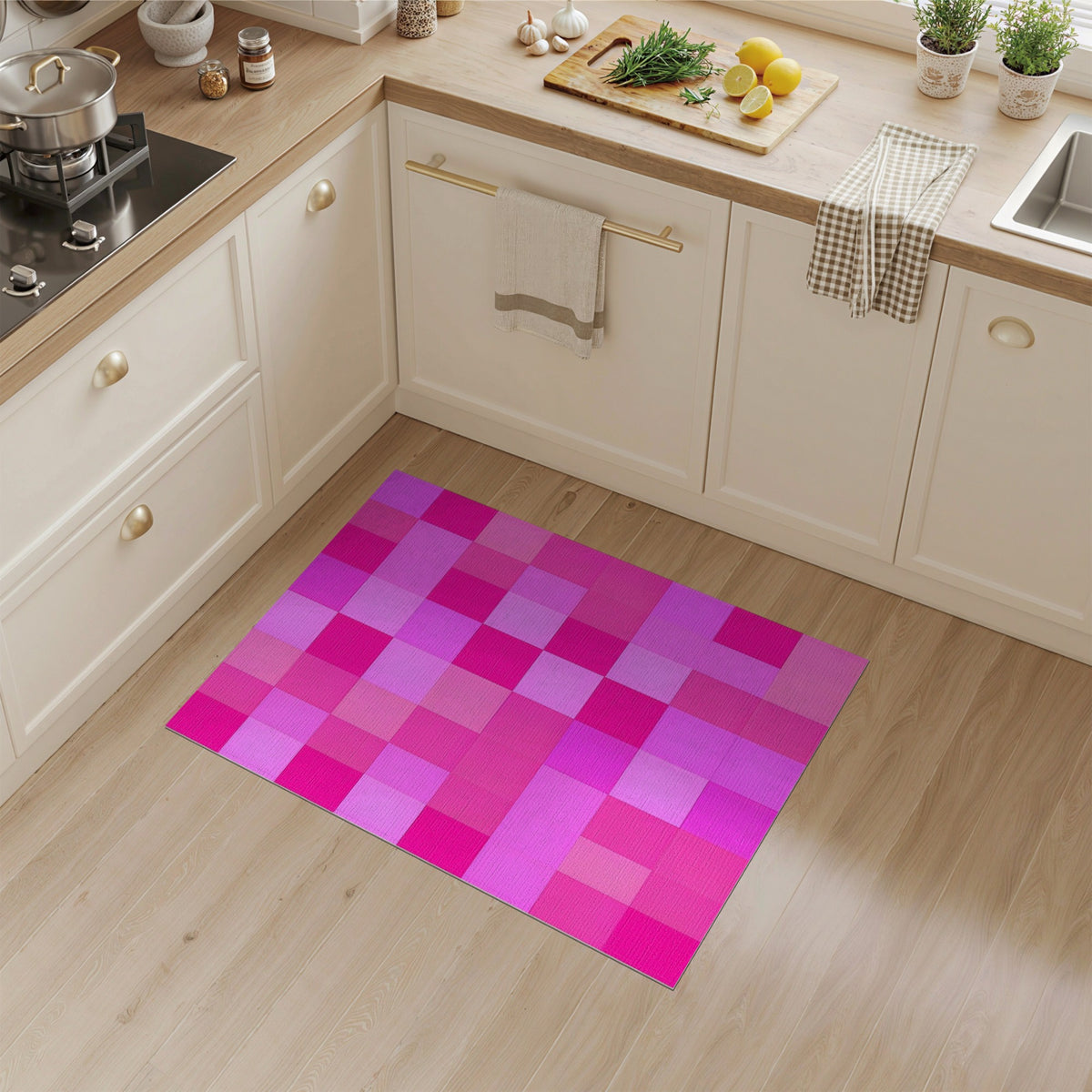 Pink Vibrant Pink Checkered Geometric Area Rug