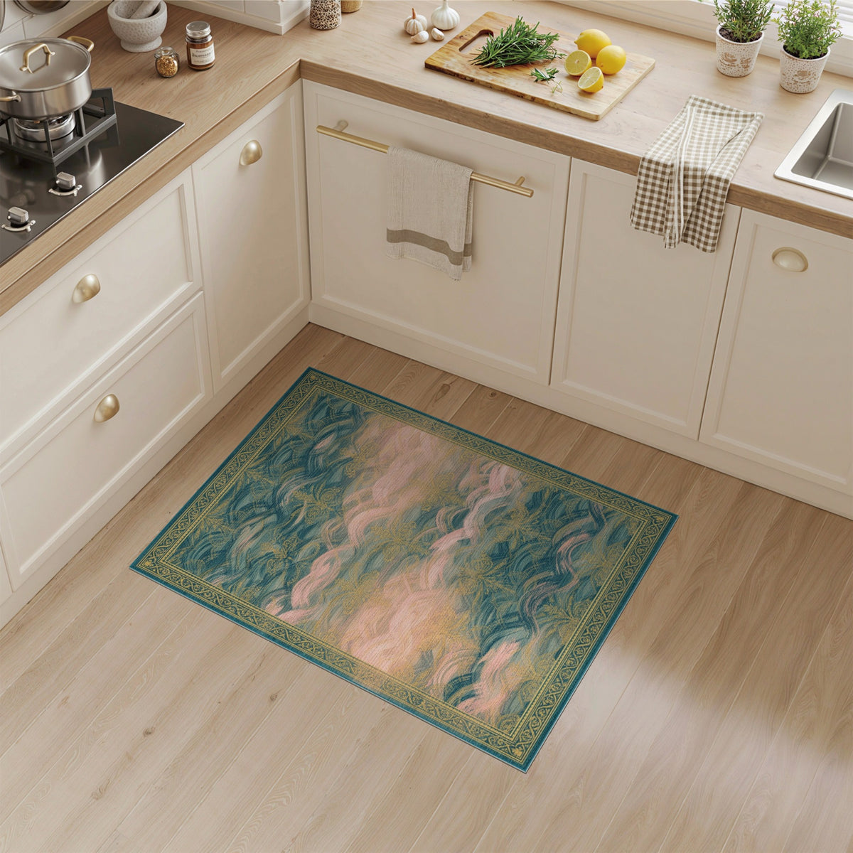 Blue Teal Floral Wave Vintage Area Rug