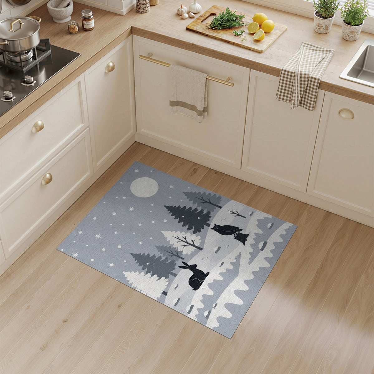 Black White Winter Owl Rabbit Area Rug