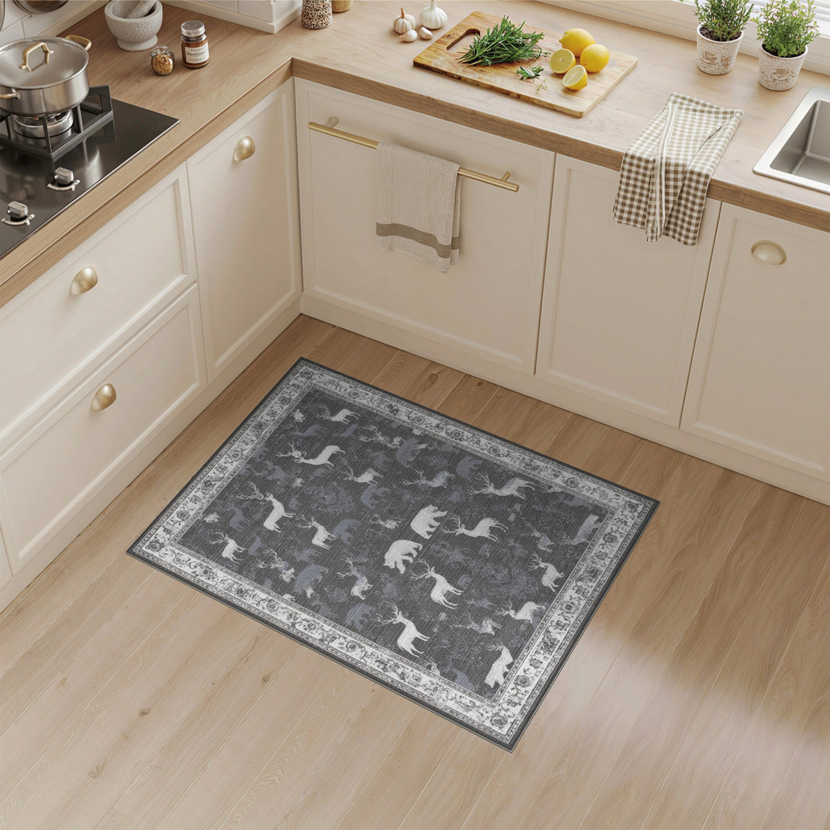 Grey Deer Bear Wildlife Area Rug