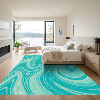 Teal Fluid Wave Swirl Rug